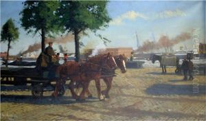 Dutch Harbourside With Horse And Cart by Gijsbertus Johannes Van Overbeek
