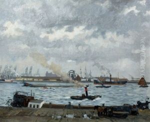 Havengezicht Met Rijnaak Langs De Wal En Sleperswagen