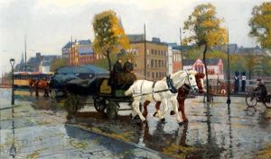 Paard En Wagen Op Het Willemsplein Te Rotterdam by Gijsbertus Johannes Van Overbeek