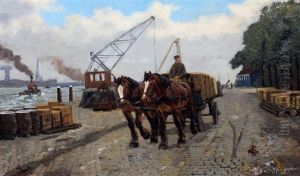 Sleperswagens Op De Kade by Gijsbertus Johannes Van Overbeek