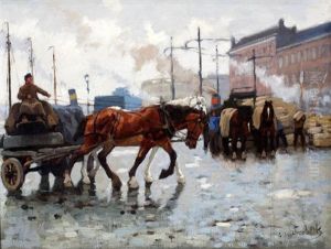 Paard En Wagens Op Rotterdamse Havenkade by Gijsbertus Johannes Van Overbeek