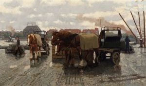 Horse Carts On The Quay Of Rotterdam by Gijsbertus Johannes Van Overbeek
