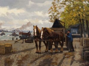 Autumn On The Quay by Gijsbertus Johannes Van Overbeek