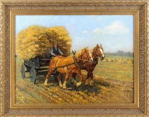 Pferdegespann Vor Heuwagen