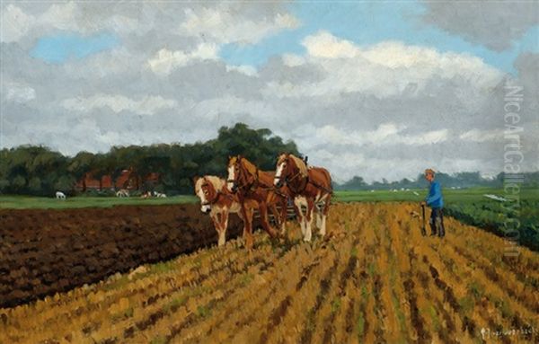 Cart With Horses And A Farmer On The Land - view 1