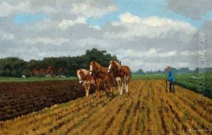 Cart With Horses And A Farmer On The Land by Gijsbertus Johannes Van Overbeek