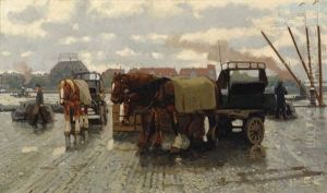 Horse-drawn Carts On A Quay by Gijsbertus Johannes Van Overbeek