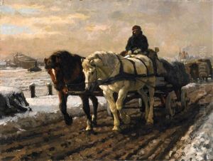 Pferdefuhrwerke An Der Verschneiten Kaimauer by Gijsbertus Johannes Van Overbeek