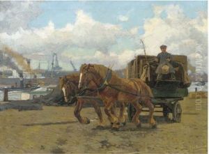 A Horse-drawn Carriage On A Rotterdam Quay by Gijsbertus Johannes Van Overbeek