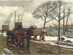 On A Snowy Quay In Rotterdam by Gijsbertus Johannes Van Overbeek