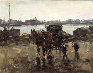 Horse And Carriage In The Harbour by Gijsbertus Johannes Van Overbeek