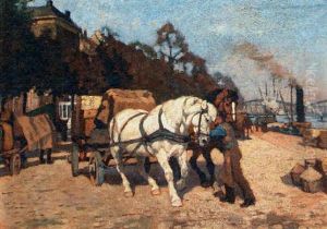 Horses On The Docks by Gijsbertus Johannes Van Overbeek