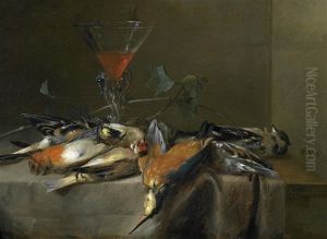 Stillleben Mit Vogeln Und Einem Glas Wein by Pieter van Overschee