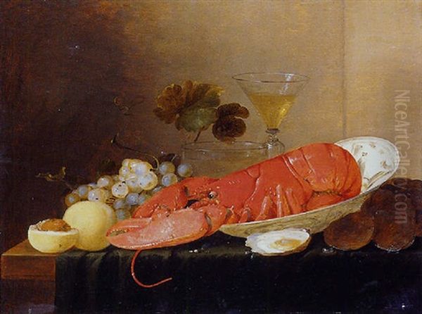 Nature Morte: Fruits, Raisins, Verres, Homard Dans Un Plat Et Huitres Voisinant Sur Un Entablement - view 1