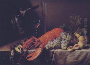 Nature Morte Aux Homard, Gibiers, Raisins, Peches Et Verres De Vin Sur Un Entablement