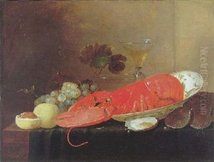 A Still Life Of A Lobster In A Porcelain Bowl Beside A Glass Of Wine, A Glass Bowl, Grapes, Peaches And Oysters On A Cloth On A Table by Pieter van Overschee