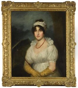 Portrait Of A Lady, Half Length, Wearing A White Dress And Turban With A Coral Necklace, Holding A Parasol