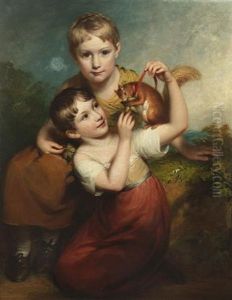 Two Young Boys Playing With A Red Squirrel by William Owen
