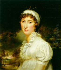 Portrait Of A Woman In A Landscape, Wearing A White Dress With A White Sash In Her Hair