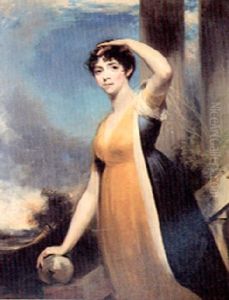 Portrait Of A Lady, Three-quarter Length, Standing On A Staircase Wearing A Yellow Dress With A Blue Overcoat