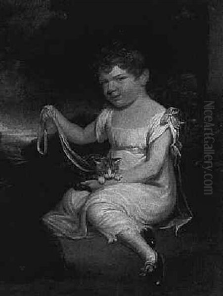 Portrait Of A Young Girl Seated In A Landscape With A Kitten - view 1