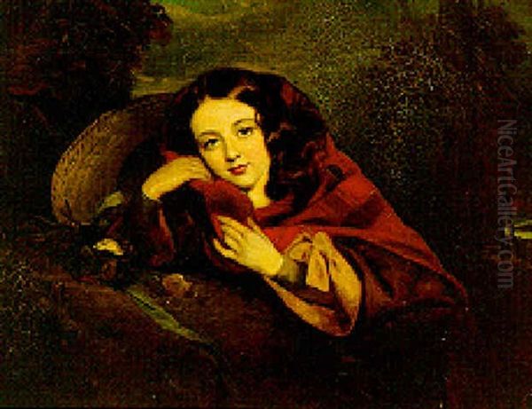 Portrait Of A Girl In A Brown Dress And Tartan Shawl, Leaning On A Mossy Bank - view 1