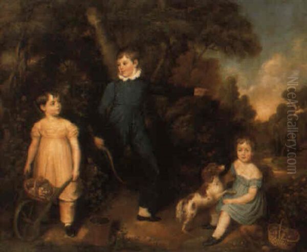 Group Portrait Of Three Children Playing In A Wooded River Landscape - view 1