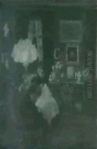 Interieur Mit Nahender Frau Bei Lampenlicht by Charlotte Oxholm