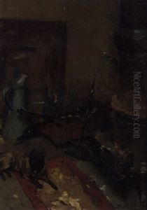 A Studio Interior With A Dog By A Stove