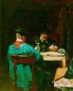 Pieter Oyens Met Een Koetsier Aan Een Cafe Tafel by David Oyens