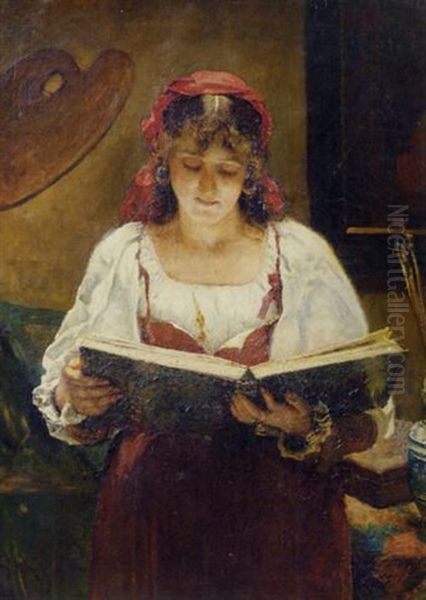 An Italian Beauty Looking At An Album In The Artist's Studio - view 1
