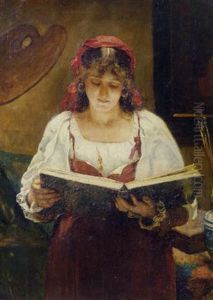 An Italian Beauty Looking At An Album In The Artist's Studio An Italian Beauty Looking At An Album In The Artist's Studio