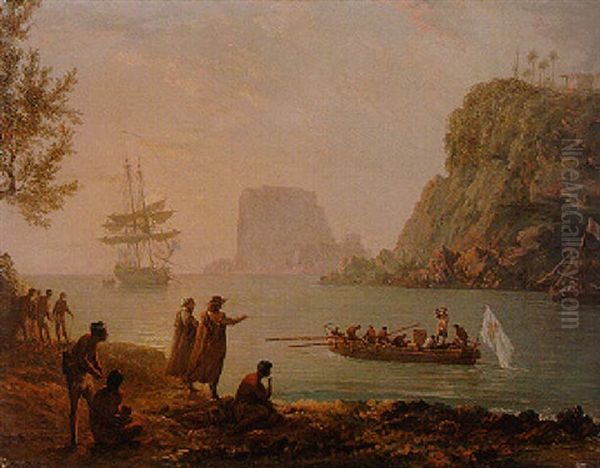 A Tropical Coastline With Sailors Hailing Traders And Natives From A Rowing Boat - view 1