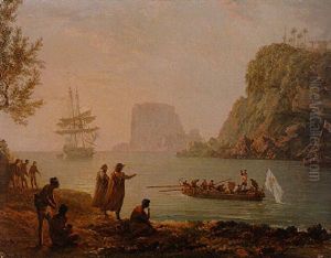 A Tropical Coastline With Sailors Hailing Traders And Natives From A Rowing Boat