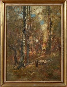 Berger Et Son Troupeau Sur Un Chemin Forestier by Laszlo Paal
