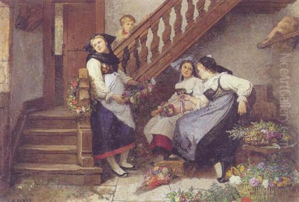 Unge Piger Binder Blomsterguirlander - view 1