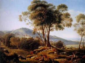 An Extensive Italian Landscape With A Herder And His Flock Of Goats And Sheep In The Foreground With A Town Beyond by Michelangelo Pacetti