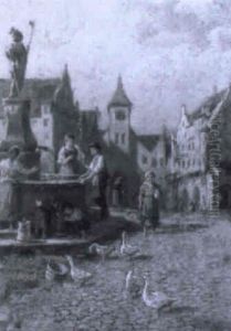 Am Marktbrunnen Einer Mittelalterlichen Stadt