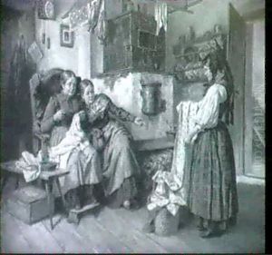 Der Schone, Geblumte Stoff! Eine Junge Frau In Tracht Breitet In Der Bauernstube Vor Der Bauerin Und Ihrer Tochter by Ferdinand Pacher
