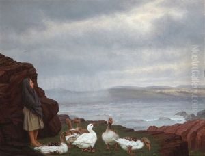 Coastal Scene With A Girl And Geese by Wilhelm Pacht