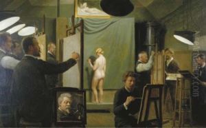 Artists And A Model In A Studio by Wilhelm Pacht