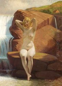 Badepige Pa En Klippe Ved Et Vandfald Badepige Pa En Klippe Ved Et Vandfald
