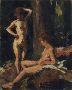 Zwei Madchen Am Bach by Paul Paede