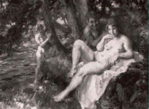Zwei Weibliche Akt Mit Faun Unter Baumen Am Flusufer by Paul Paede