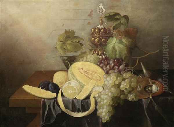 A Split Melon, Lemon, Grapes, Figs And Other Fruit On A Draped Table-top - view 1