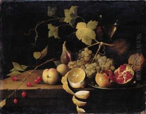 Still Life Of Cherries, Peaches, A Half-peeled Lemon, Grapes On A Vine, A Fig, And An Open Pomegranate On A Silver Platter, In Front Of A Tall Wine Glass by Thomas De Paep