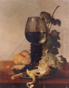 A Half-filled Roemer With Grapes, Bread, Walnuts And A Pewter Dish With A Knife And Peeled Lemon On A Table by Thomas De Paep