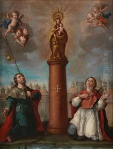 Virgen Del Pilar Con Santiago El Mayor Y San Pedro De Arbues; Al Fondo Vista De Zaragoza by Jose De Paez
