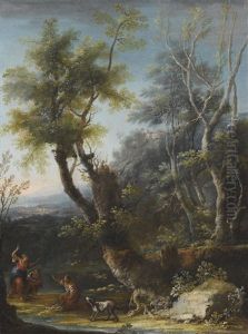 Wooded Landscape With Figures And A Dog In The Foreground, A Castle And City Beyond by Michele Pagano