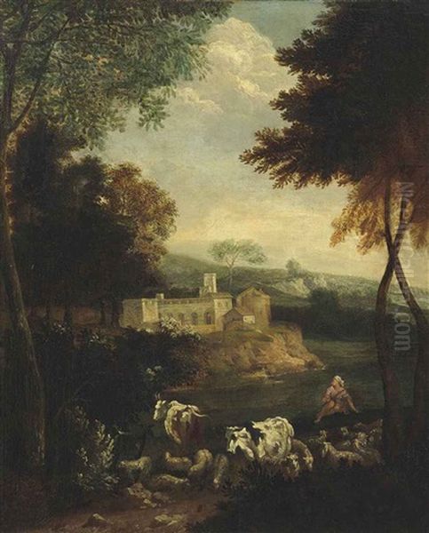 A Wooded Landscape With A Shepherd At Rest With His Flock - view 1